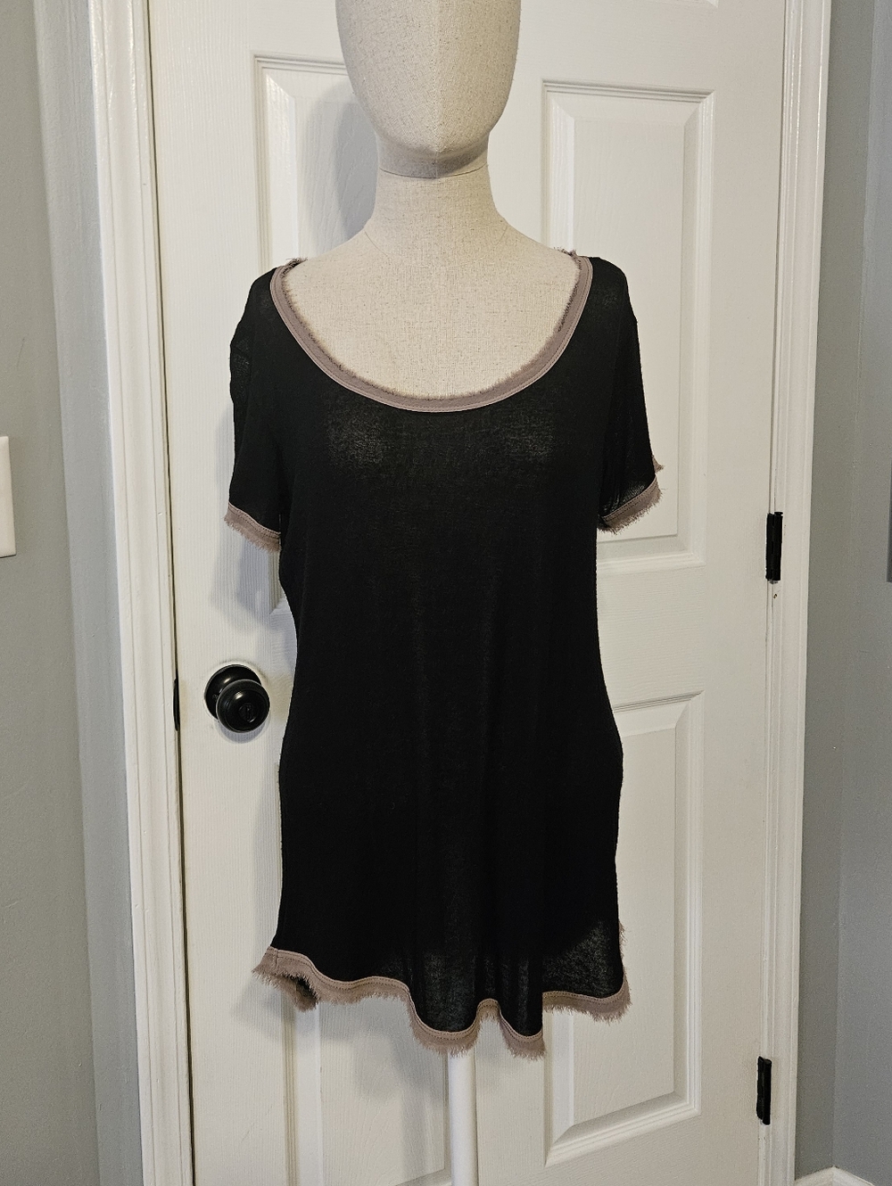 h.i.p. Black Short Sleeve Scoop Neck Top with Taupe Trim